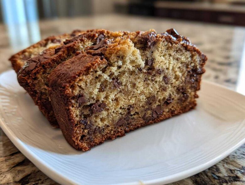 Close-up of three moist slices of Chocolate Chip Banana Bread on a white plate.