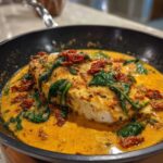 Close-up of One Pan Tuscan Chicken with Sun Dried Tomatoes and spinach in a creamy sauce.