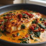 A close-up of seared One Pan Tuscan Chicken smothered in a creamy sauce with spinach and sun dried tomatoes.