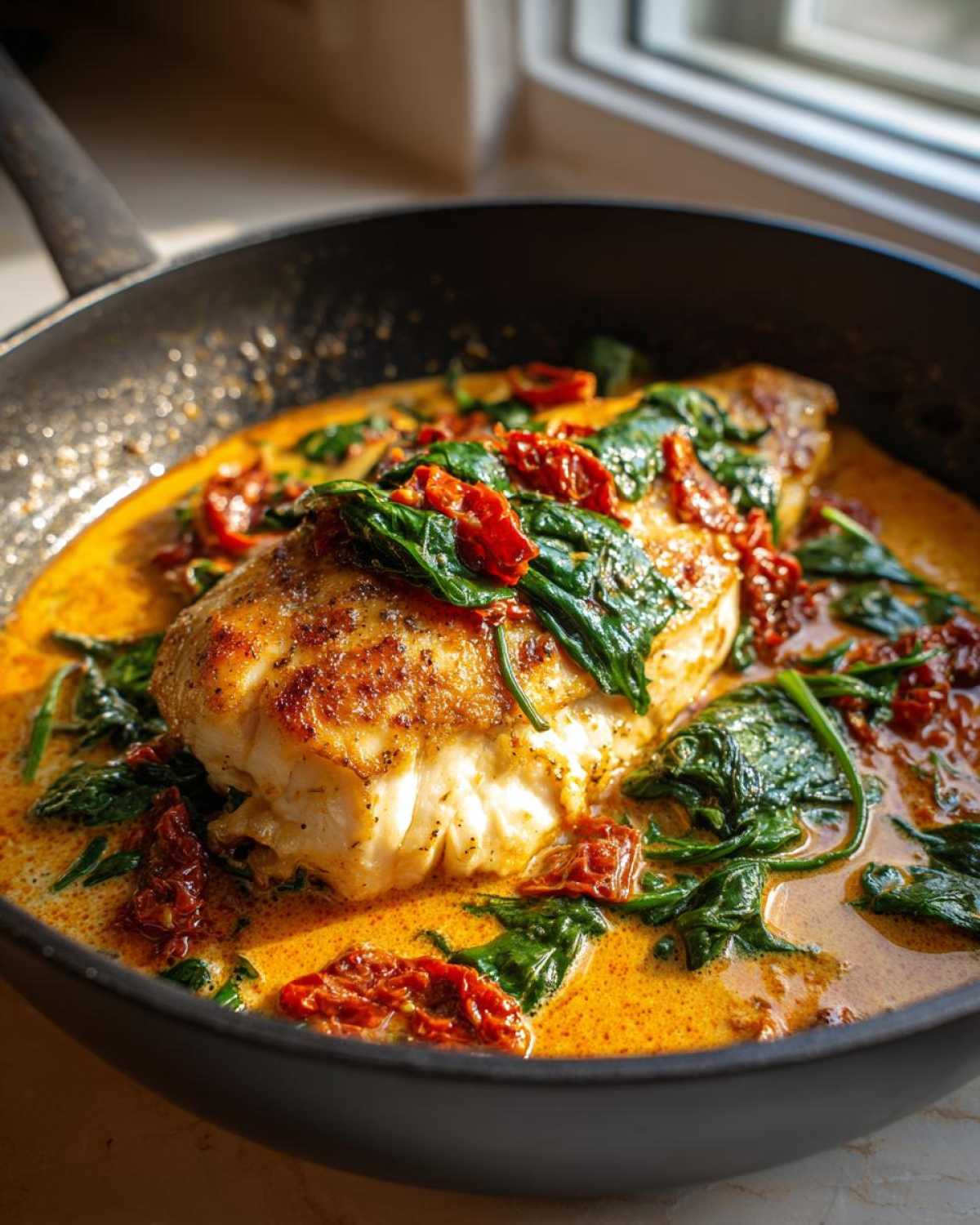 Close-up of One Pan Tuscan Chicken with Sun Dried Tomatoes and spinach in a creamy sauce, served directly in the skillet.