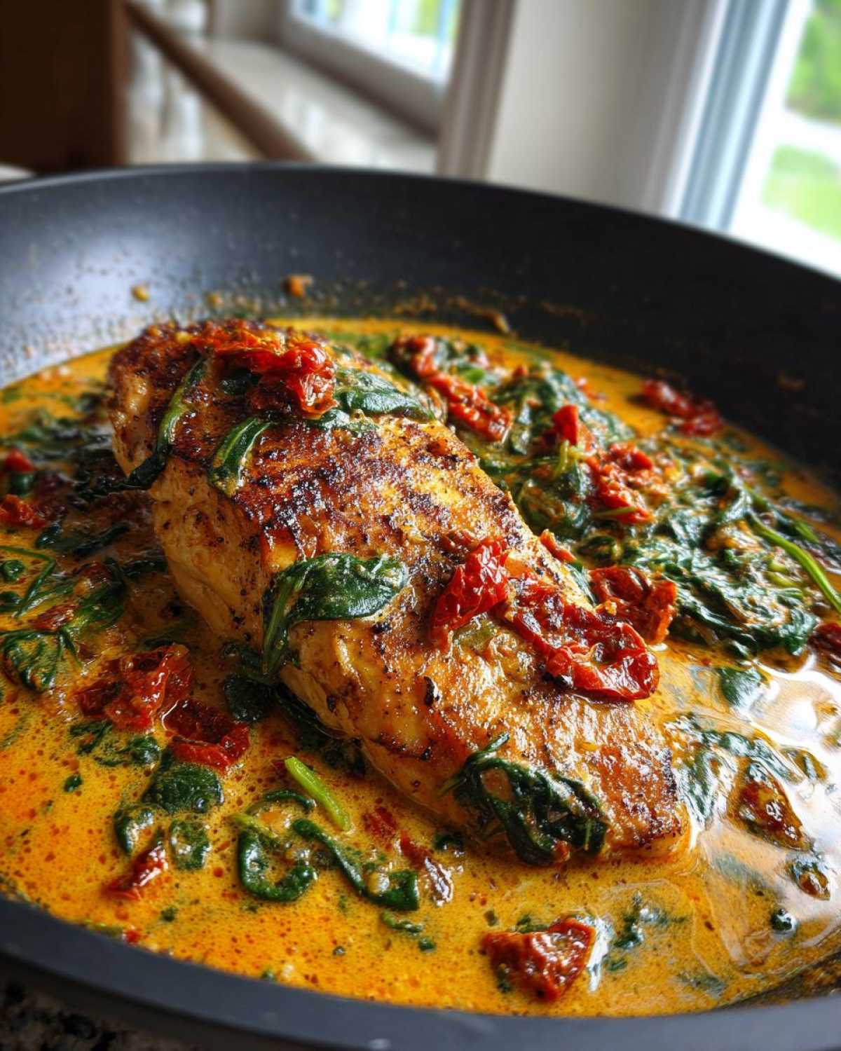 Close-up of seared One Pan Tuscan Chicken with Sun Dried Tomatoes and spinach in a creamy sauce.