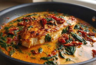 A close-up of seared One Pan Tuscan Chicken smothered in a creamy sauce with spinach and sun dried tomatoes.