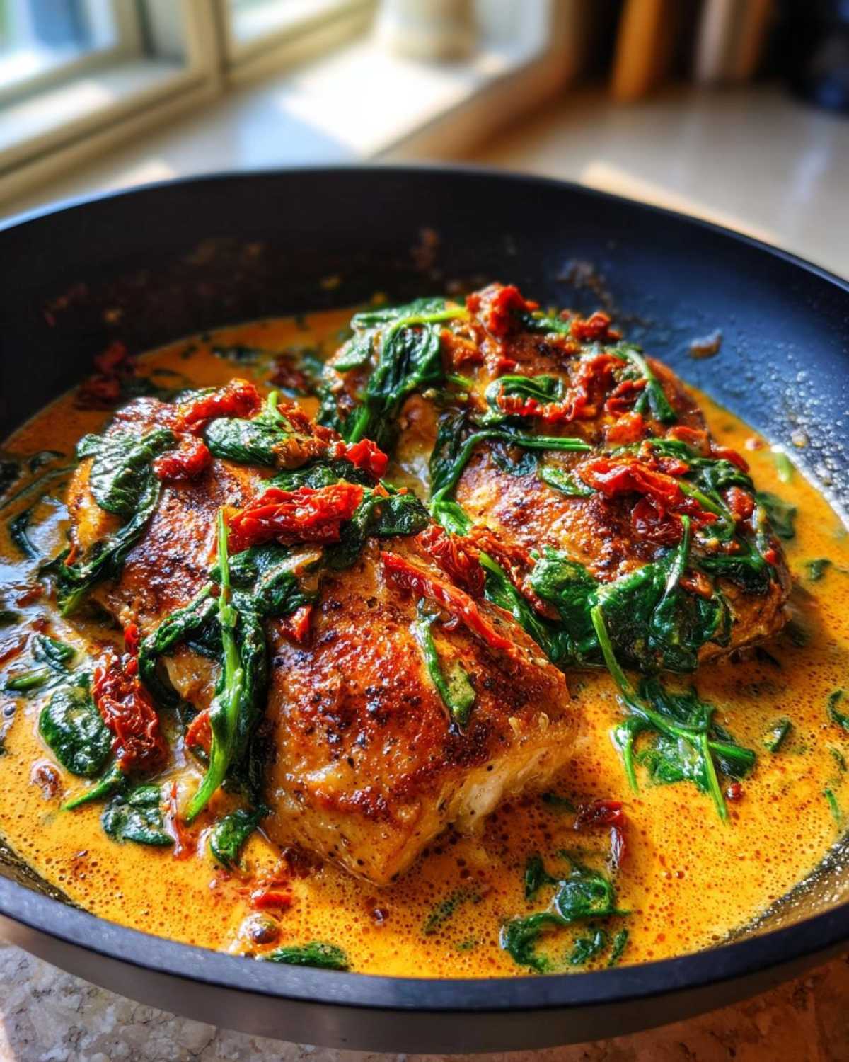 Close-up of seared One Pan Tuscan Chicken with Sun Dried Tomatoes and spinach in a creamy orange sauce in a black skillet.