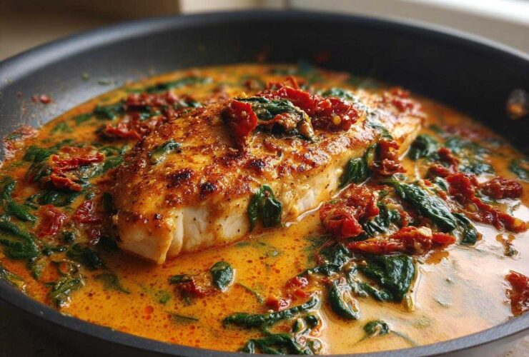 A close-up of seared One Pan Tuscan Chicken smothered in a creamy sauce with spinach and sun dried tomatoes.