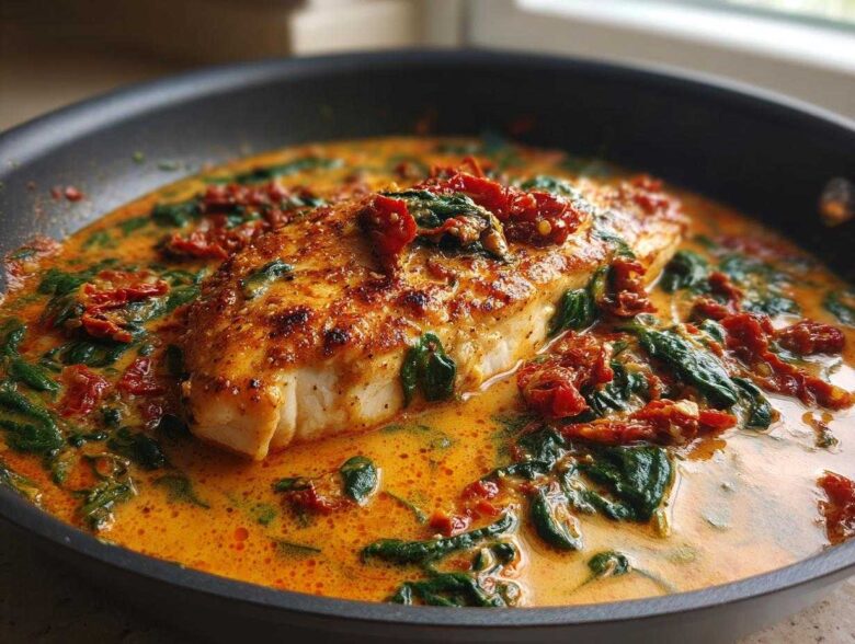 A close-up of seared One Pan Tuscan Chicken smothered in a creamy sauce with spinach and sun dried tomatoes.