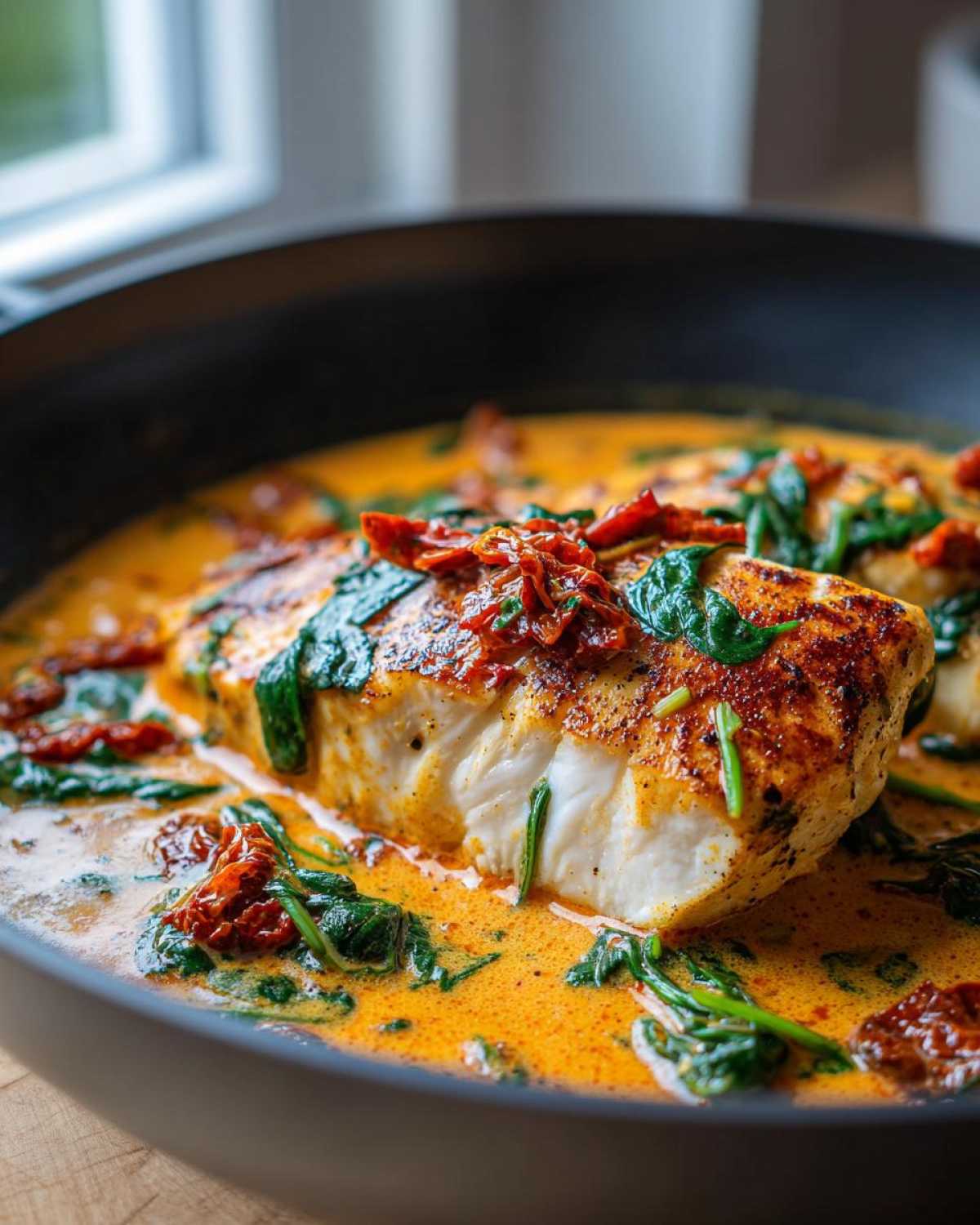 Close-up of a seared piece of One Pan Tuscan Chicken with Sun Dried Tomatoes and spinach in a creamy sauce.