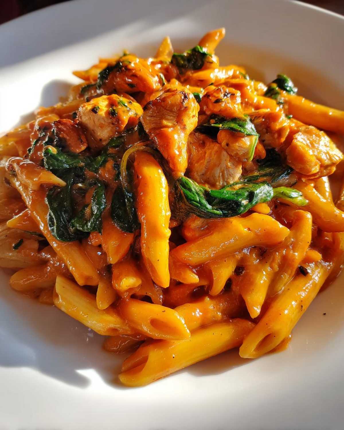 Close-up of penne pasta coated in a creamy orange tomato sauce with chunks of chicken and wilted spinach, part of the One Pot Creamy Tomato Pasta with Chicken.