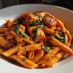 Close-up of One Pot Creamy Tomato Pasta with Chicken and wilted spinach served in a white bowl.