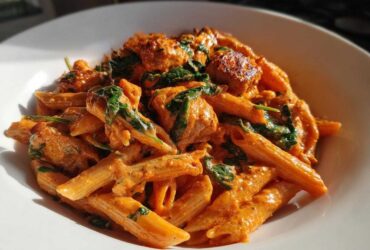 Close-up of One Pot Creamy Tomato Pasta with Chicken and wilted spinach served in a white bowl.