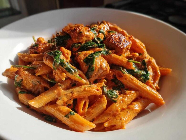 Close-up of One Pot Creamy Tomato Pasta with Chicken and wilted spinach served in a white bowl.