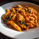 A close-up of One Pot Creamy Tomato Pasta with Chicken, featuring penne pasta, chunks of chicken, and wilted spinach in a rich sauce.