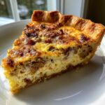 A close-up slice of golden-brown Paula Deen Breakfast Quiche featuring a rich, savory egg filling and crumbled sausage.