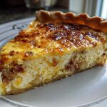 Close-up of a perfectly baked slice of Paula Deen Breakfast Quiche on a white plate, showing a fluffy egg filling and browned top.