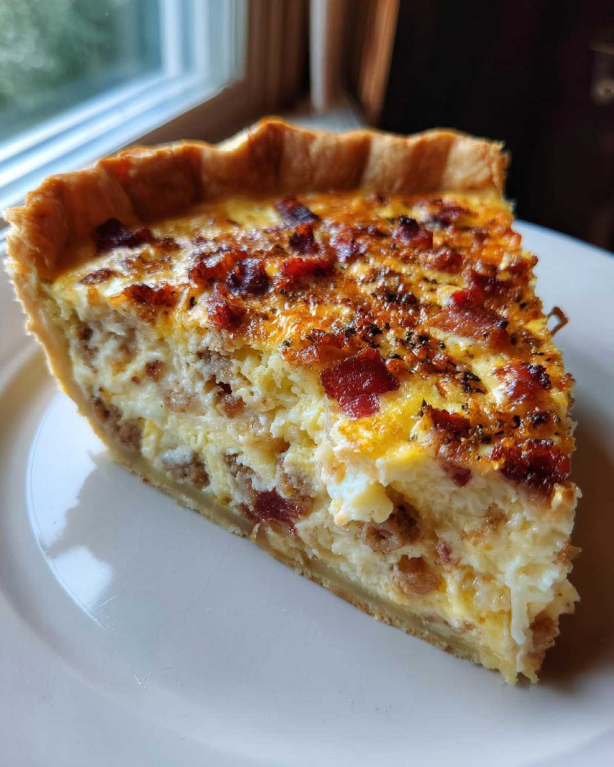 A thick slice of Paula Deen Breakfast Quiche featuring eggs, sausage, and crispy bacon pieces on top.