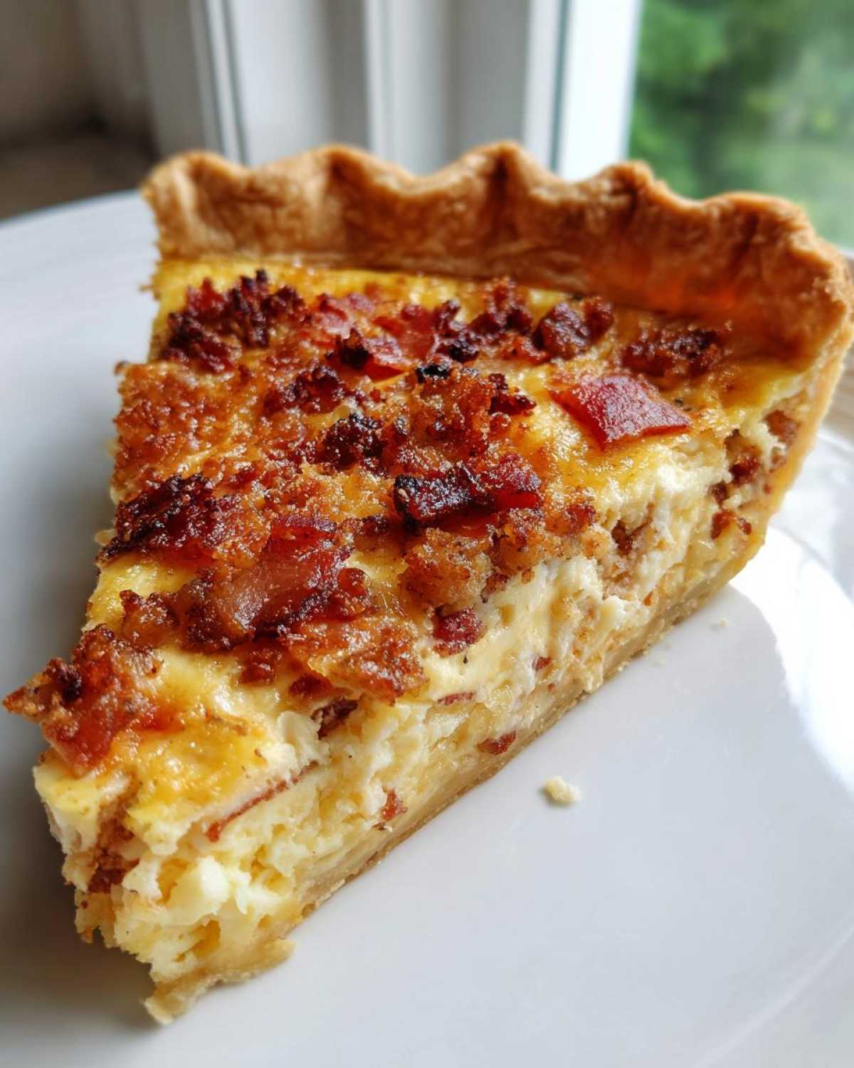 A close-up slice of Paula Deen Breakfast Quiche featuring a flaky crust and a rich, cheesy filling topped with crispy bacon bits.