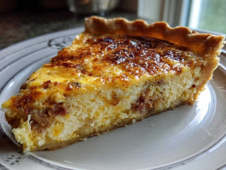 Close-up of a perfectly baked slice of Paula Deen Breakfast Quiche on a white plate, showing a fluffy egg filling and browned top.