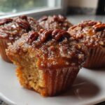 Close-up of Pecan Pie Brown Sugar Muffins, one with a bite taken out showing the moist interior and sticky pecan topping.