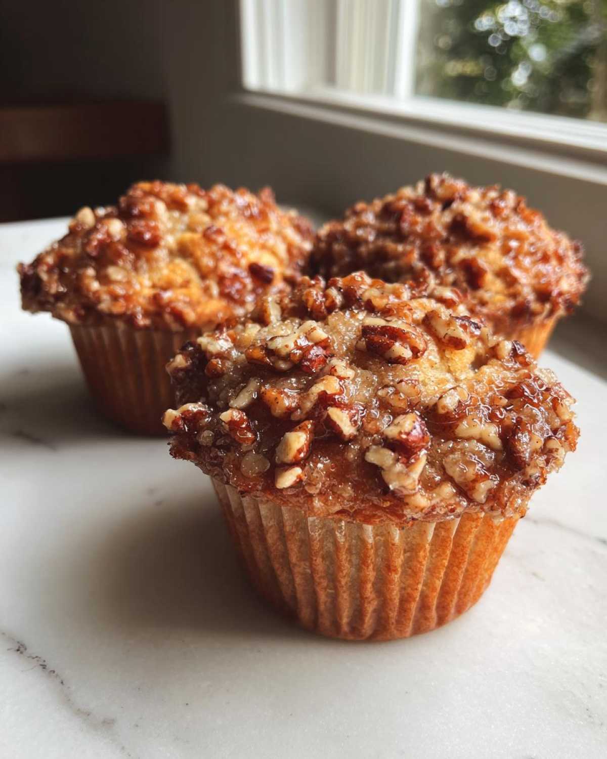 Three freshly baked Pecan Pie Brown Sugar Muffins topped with a sticky, caramelized pecan glaze.