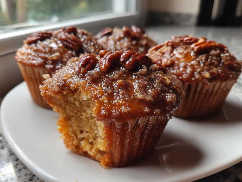 Close-up of Pecan Pie Brown Sugar Muffins, one with a bite taken out showing the moist interior and sticky pecan topping.