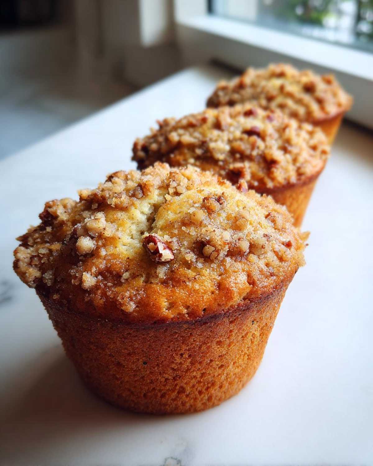 Three golden-brown Pecan Pie Brown Sugar Muffins with a crunchy pecan streusel topping lined up on a white surface.