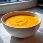A close-up of a white bowl filled with vibrant orange Simple Roasted Butternut Squash Soup.