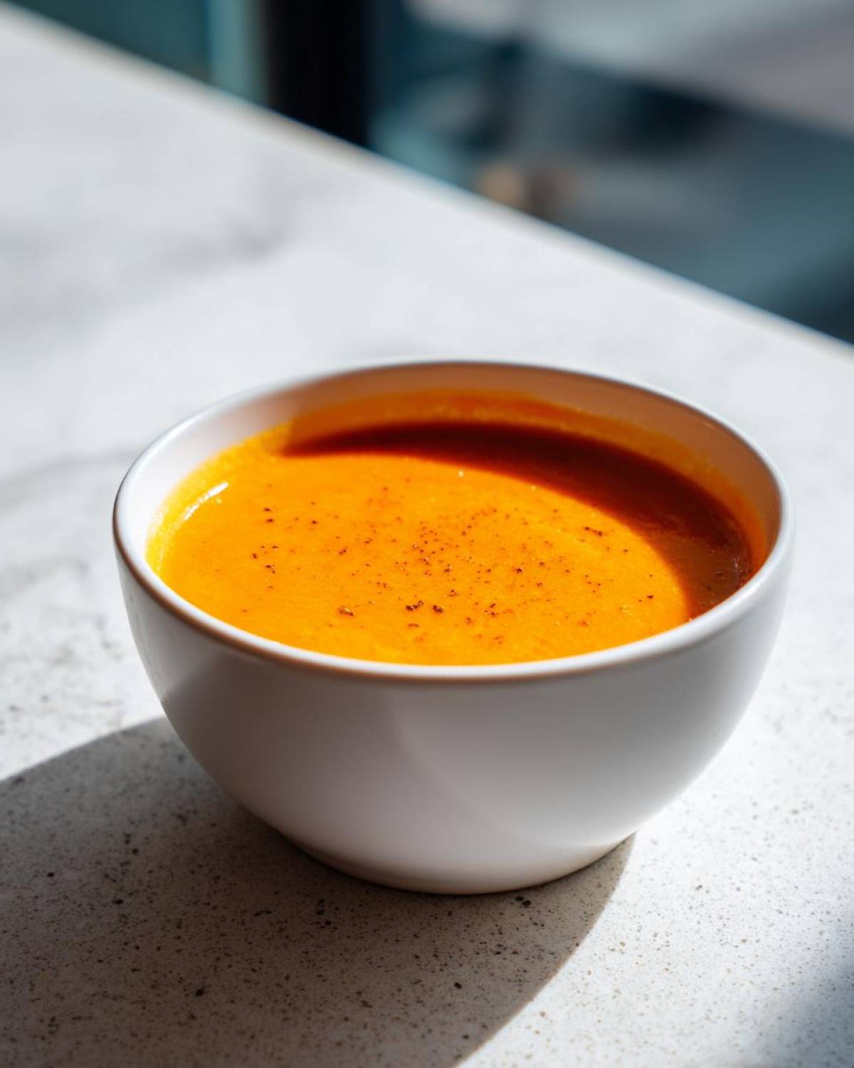 A close-up of vibrant orange Simple Roasted Butternut Squash Soup in a white bowl, sprinkled with spices.