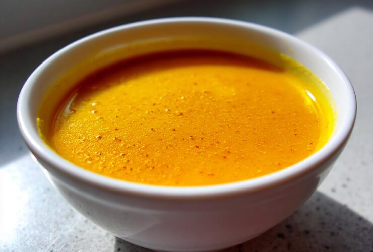 Close-up of a white bowl filled with vibrant orange Simple Roasted Butternut Squash Soup.