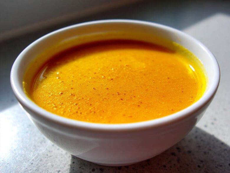 Close-up of a white bowl filled with vibrant orange Simple Roasted Butternut Squash Soup.
