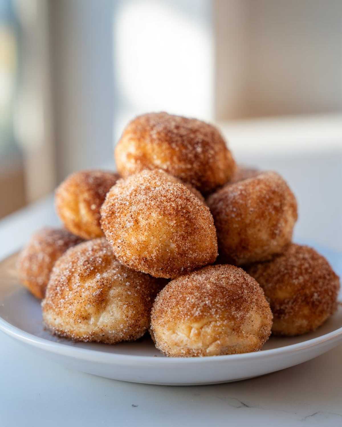 A stack of golden brown Soft & Sweet Cinnamon Sugar Biscuit Bites coated generously in cinnamon sugar.