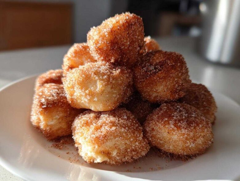 A close-up of a stack of Soft & Sweet Cinnamon Sugar Biscuit Bites coated heavily in cinnamon sugar.