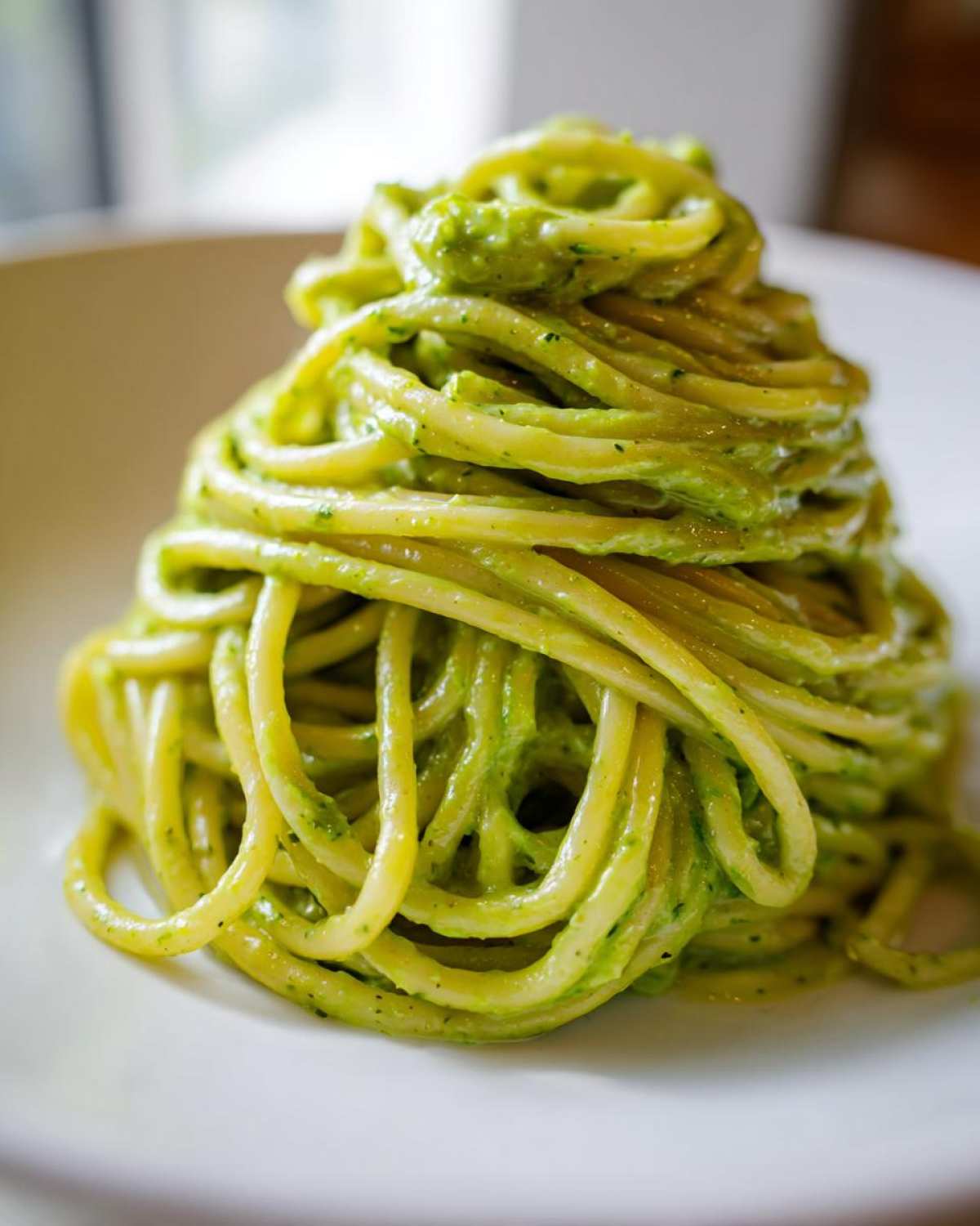 Close-up of spaghetti noodles coated in a vibrant green Italian Zucchini Sauce, served on a white plate.