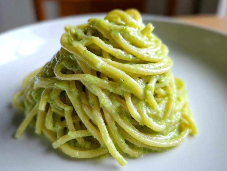 A mound of spaghetti coated in a vibrant, creamy Italian Zucchini Sauce served on a white plate.