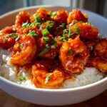 Close-up of a white bowl filled with white rice topped generously with glossy Spicy Honey Garlic Shrimp and garnished with chopped green onions.
