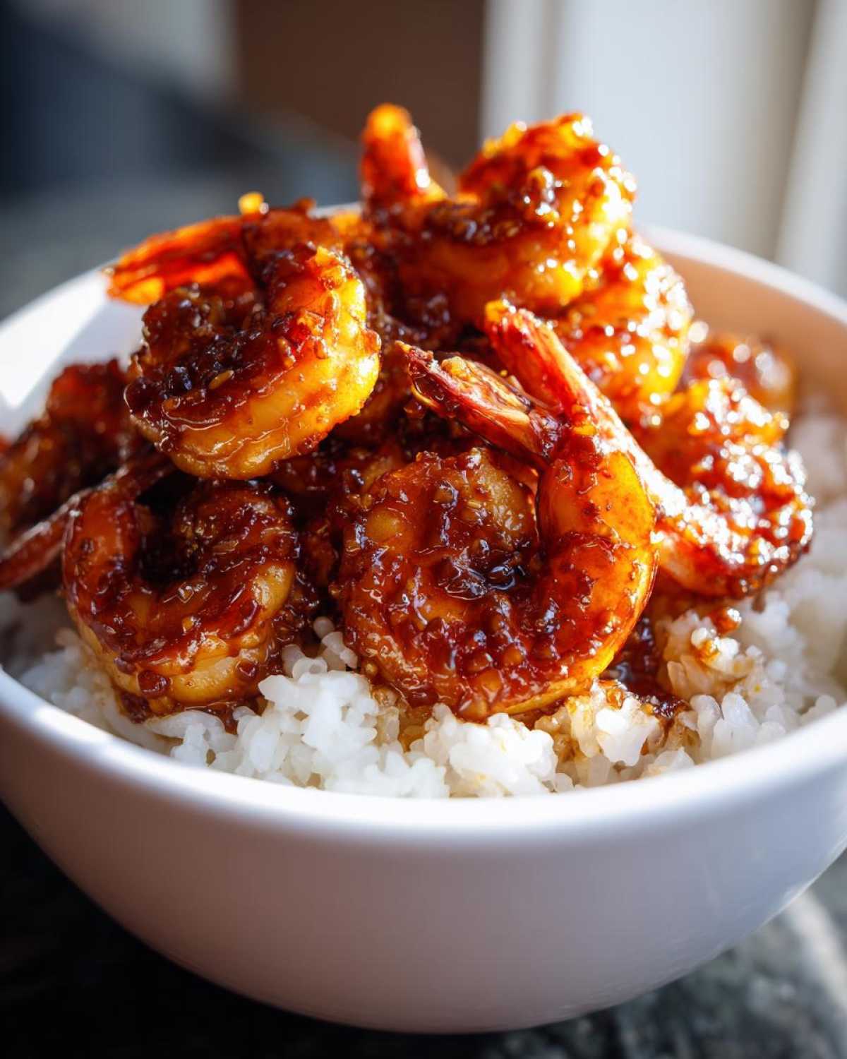 Close-up of Spicy Honey Garlic Shrimp with a thick, glossy glaze served over white rice in a white bowl.