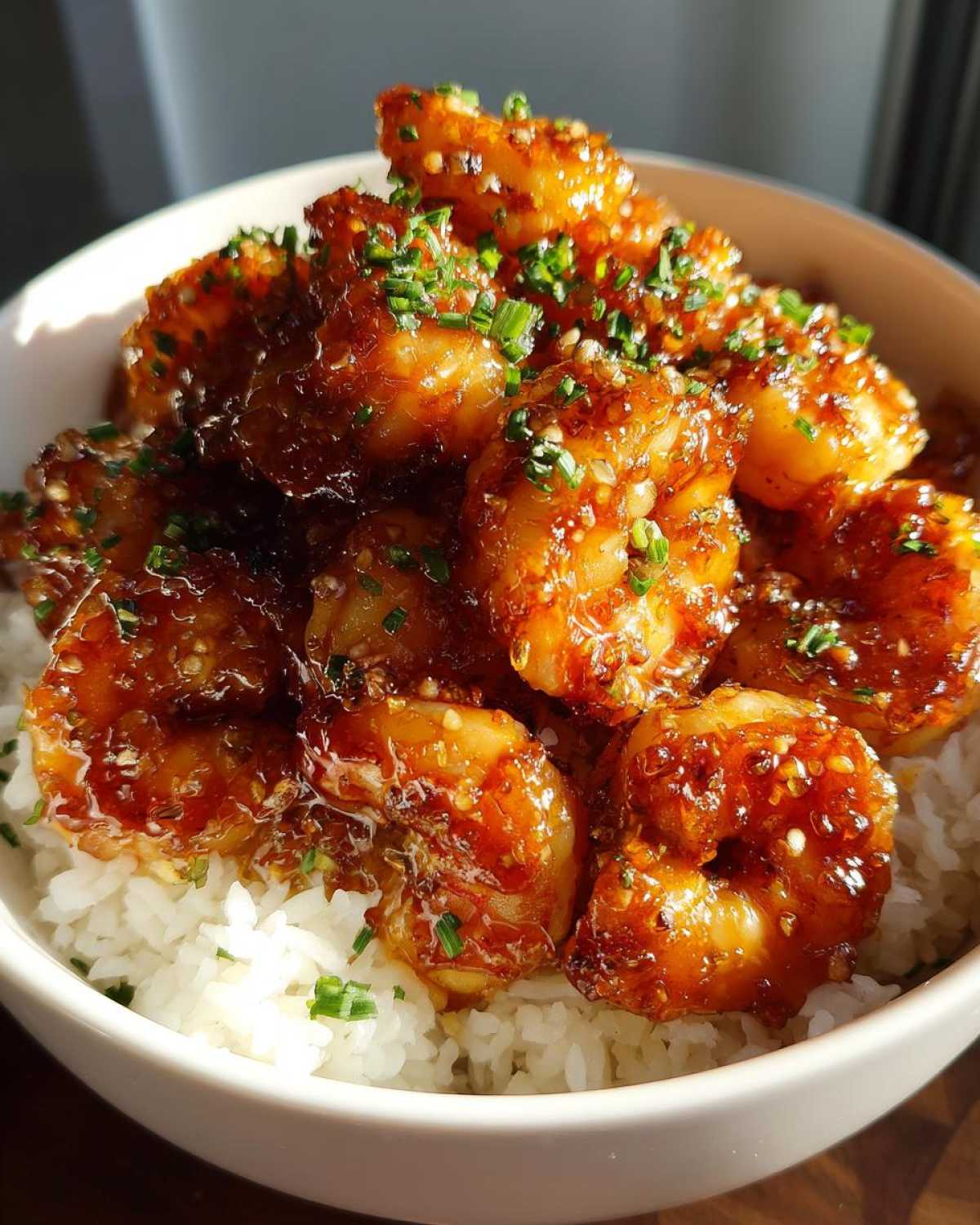 Close-up of a bowl filled with white rice topped generously with glossy Spicy Honey Garlic Shrimp, garnished with chives.