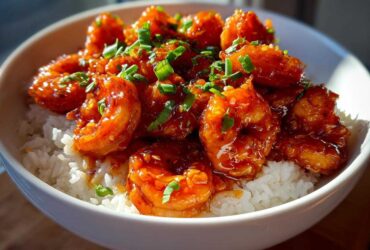 Close-up of a white bowl filled with white rice topped generously with glossy Spicy Honey Garlic Shrimp and garnished with chopped green onions.