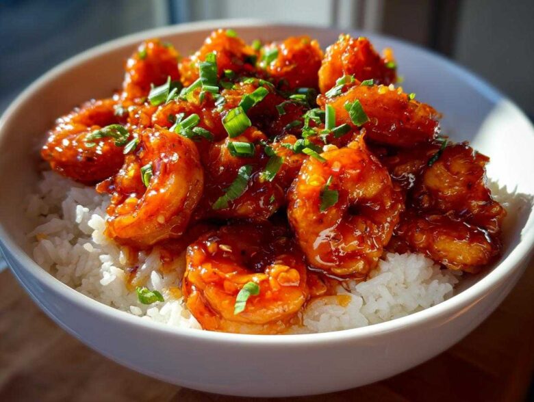 Close-up of a white bowl filled with white rice topped generously with glossy Spicy Honey Garlic Shrimp and garnished with chopped green onions.