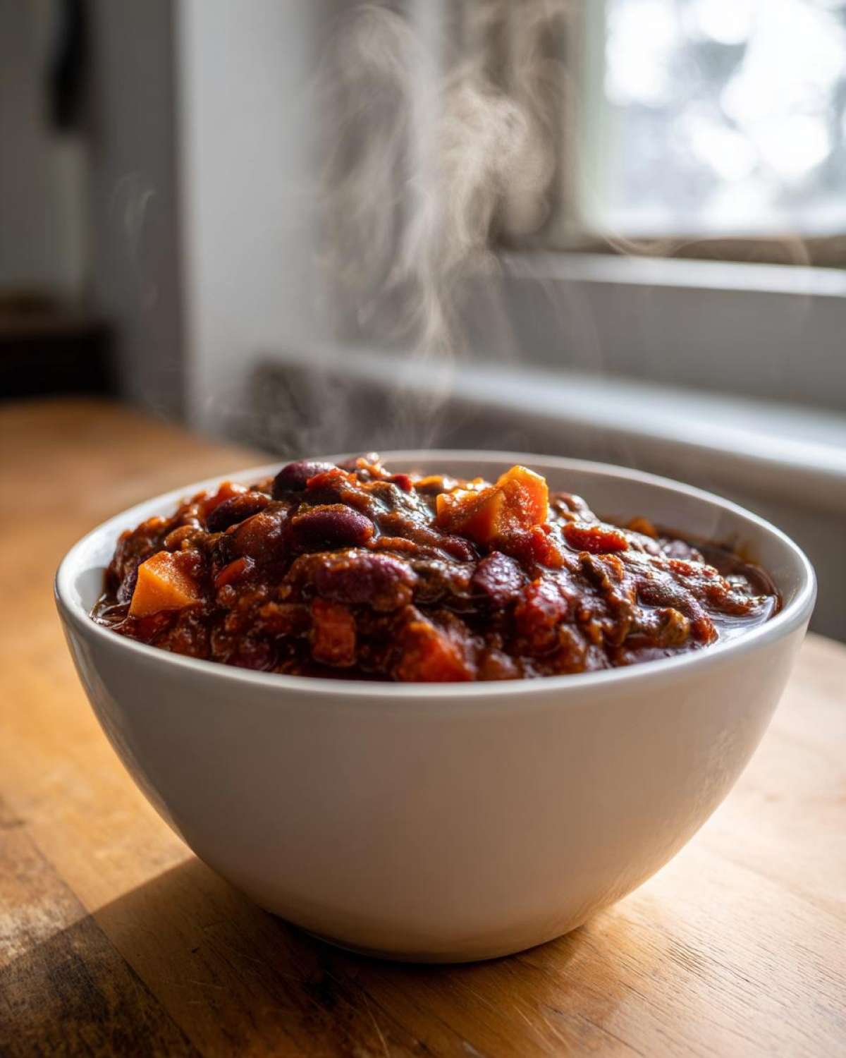 A close-up of a steaming white bowl filled with rich, hearty Vegan Chili Recipe, set on a wooden surface near a bright window.