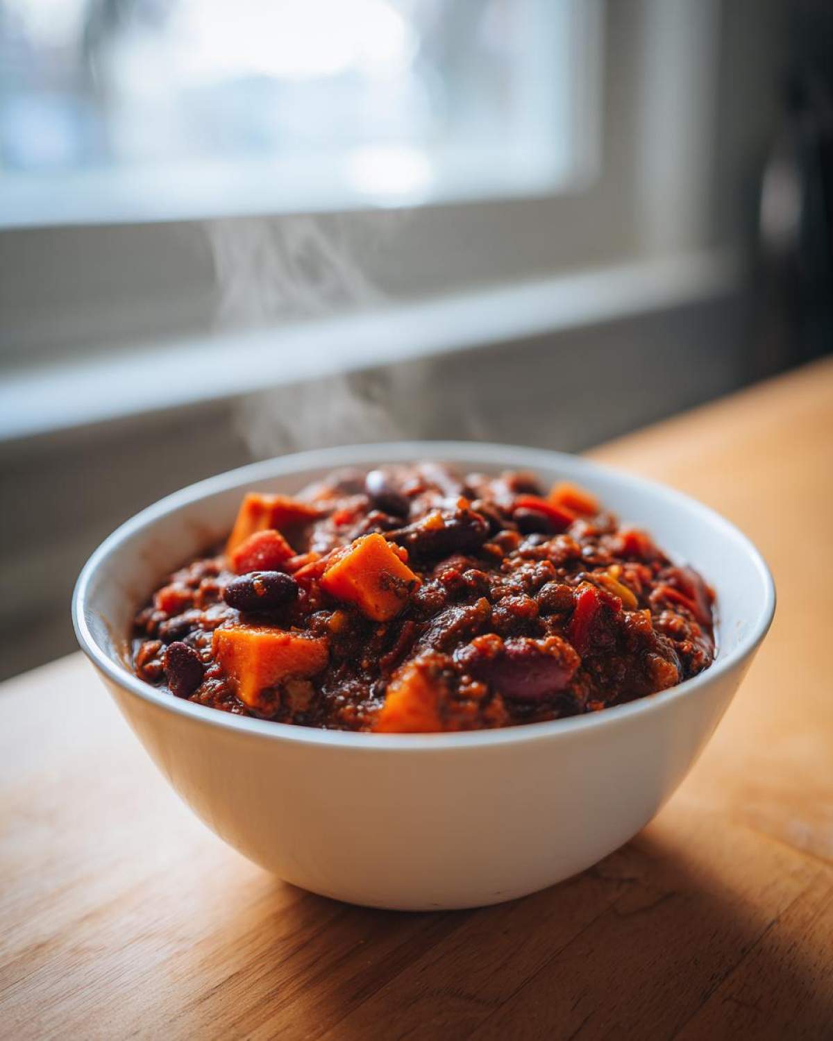 A steaming white bowl filled with hearty Vegan Chili Recipe featuring dark red beans and chunks of bright orange sweet potato.