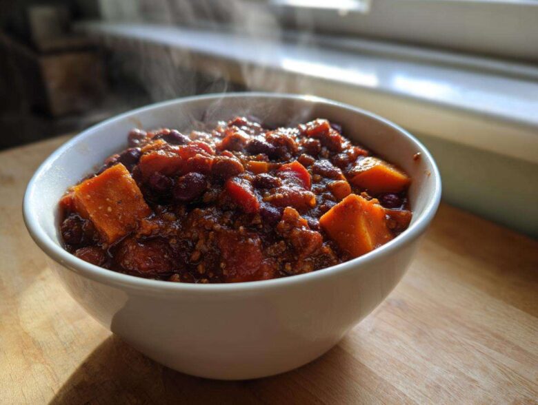 A close-up of a steaming white bowl filled with hearty Vegan Chili Recipe, featuring chunks of sweet potato and kidney beans.