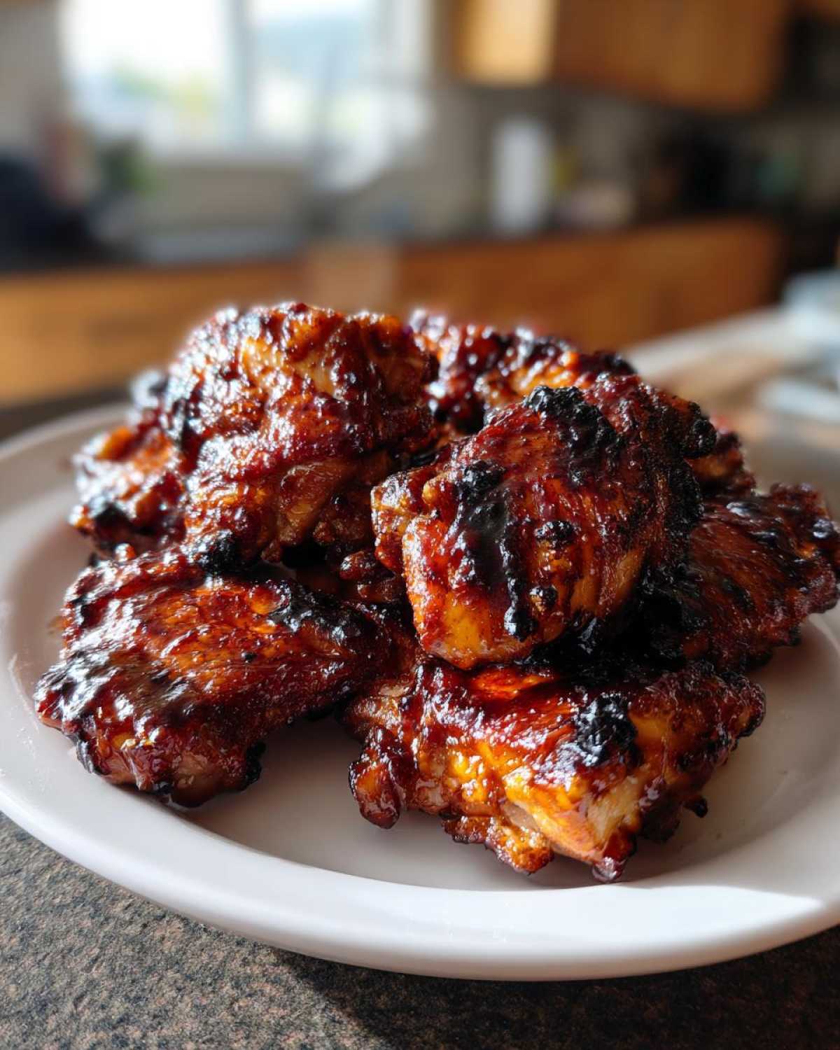 A close-up of several Sticky BBQ Chicken Thighs with Honey Glaze piled on a white plate, showing a dark, caramelized exterior.
