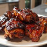 Close-up of several Sticky BBQ Chicken Thighs with Honey Glaze piled high on a white plate, showing a dark, caramelized, and glossy exterior.