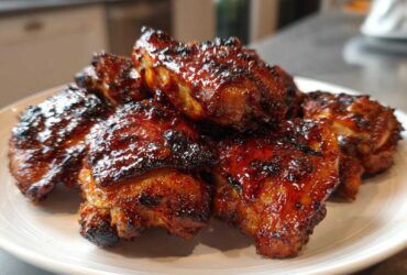 Close-up of several Sticky BBQ Chicken Thighs with Honey Glaze piled high on a white plate, showing a dark, caramelized, and glossy exterior.