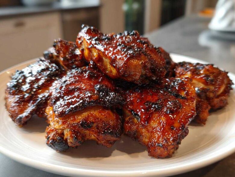 Close-up of several Sticky BBQ Chicken Thighs with Honey Glaze piled high on a white plate, showing a dark, caramelized, and glossy exterior.