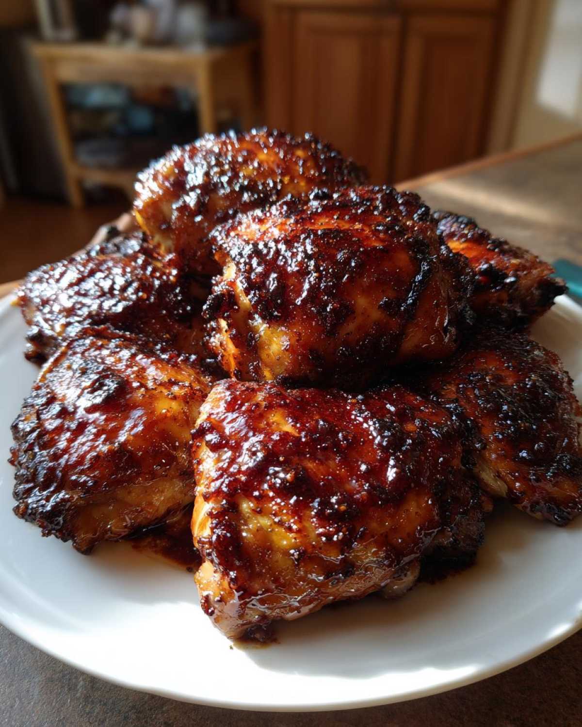 A pile of juicy chicken thighs coated in a dark, glossy Sticky BBQ Chicken Thighs with Honey Glaze on a white plate.