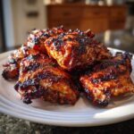 A close-up of several pieces of perfectly cooked Sticky BBQ Chicken Thighs with Honey Glaze piled on a white plate.