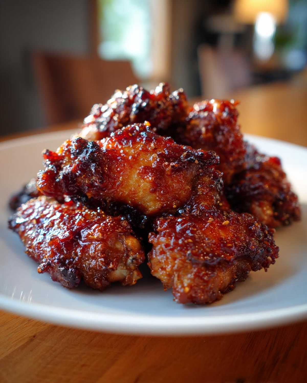 Close-up of crispy oven style Sticky BBQ Chicken Wings coated in a thick, glossy sauce on a white plate.