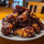 A large pile of crispy oven-baked Sticky BBQ Chicken Wings coated in a dark, glossy sauce.