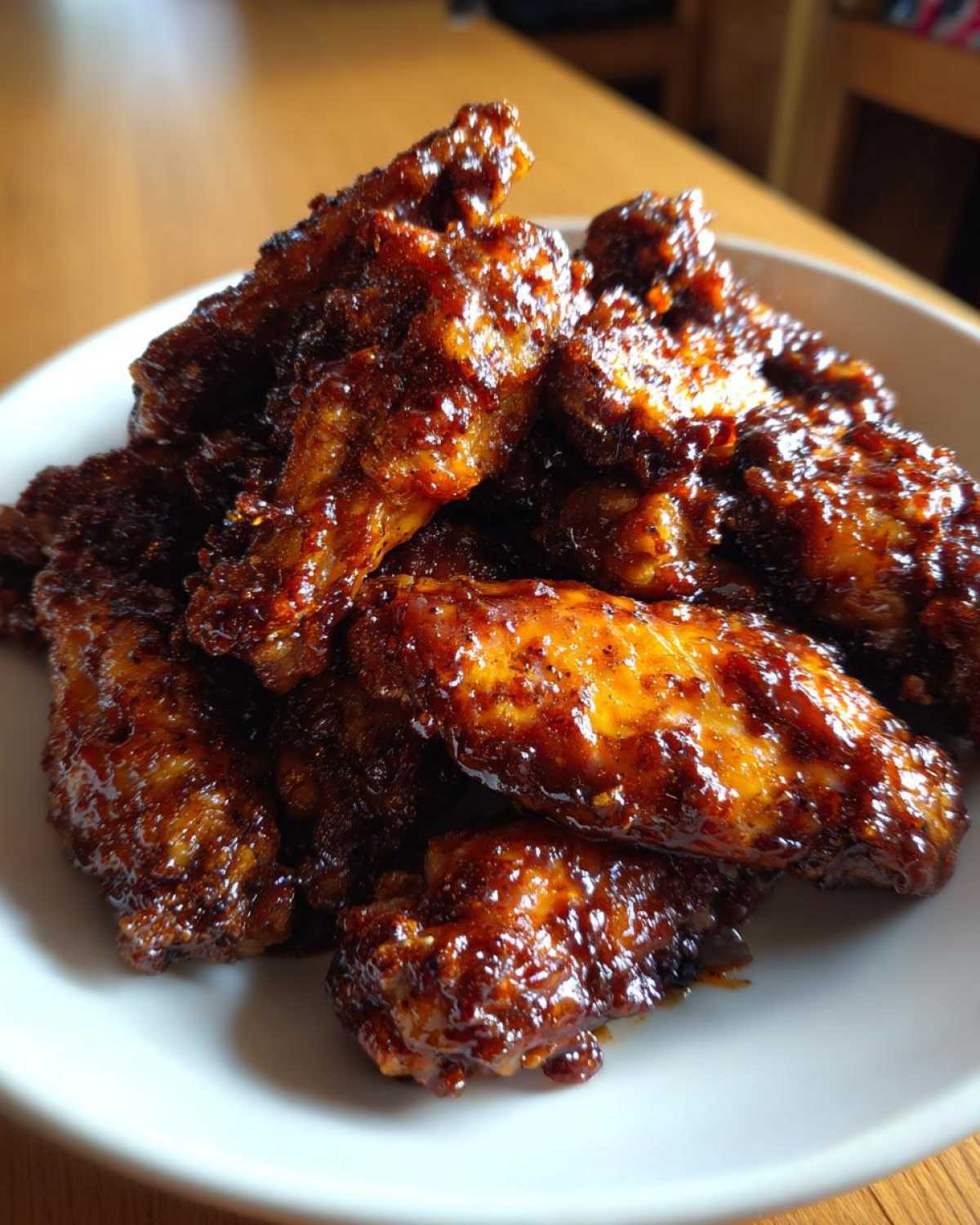 A close-up of a white bowl piled high with glistening, dark Sticky BBQ Chicken Wings Crispy Oven Style.