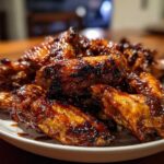 A close-up of a white bowl piled high with Sticky BBQ Chicken Wings Crispy Oven Style, coated in a dark, glossy sauce.